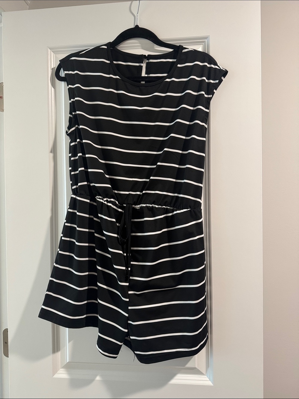 Striped Black & White Drawstring Waist Women's romper